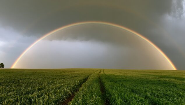 A vibrant double rainbow arcs over a green field with a lone tree