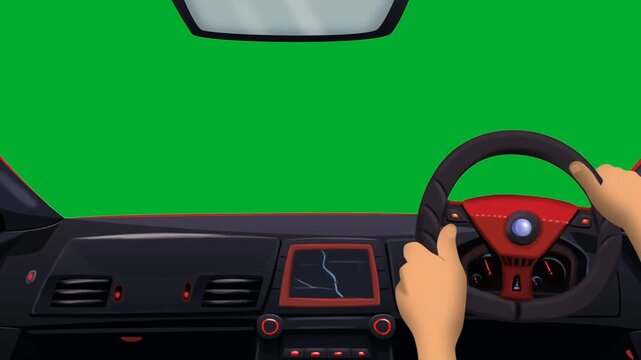 2d animation Car interior view with hands holding steering wheel and driving ahead animation on green screen. Inside dashboard control panel layout of an automobile vehicle on clear background vector