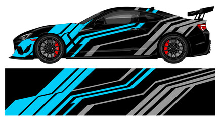 Obraz premium Black and cyan geometric car wrap design for racing.