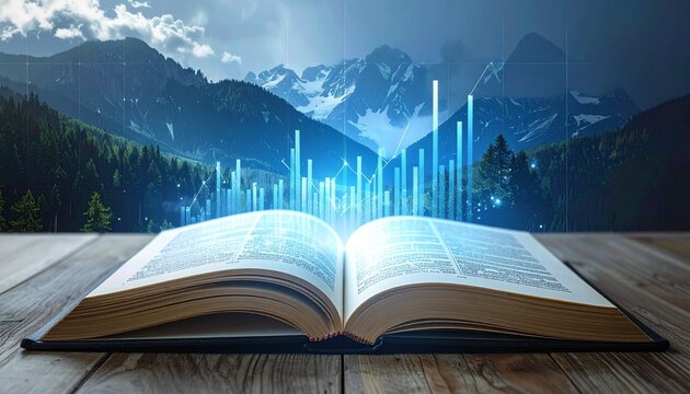 An open book on a wooden table displays glowing blue charts and graphs rising towards a mountainous landscape with trees under a cloudy sky.