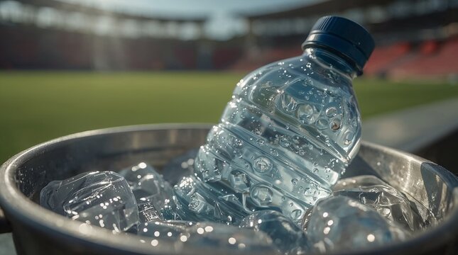 Close up of a generic sports water bottle covered in condensation droplets inside an ice bucket on the sidelines of a soccer stadium