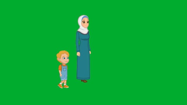 2d animation Muslim family walking together including mother and little daughter animation on green screen. Islamic woman in blue hijab dress with small girl child character moving slowly animation