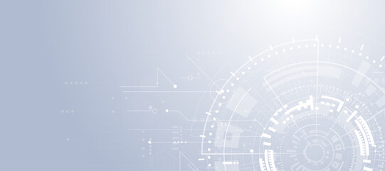 Obraz premium Minimalist grey tech background with circular mechanical interface and digital connection elements.