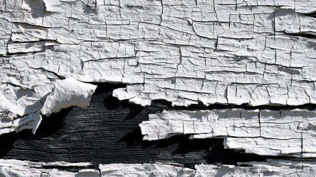 Close-up of weathered, peeling white paint revealing dark wood texture