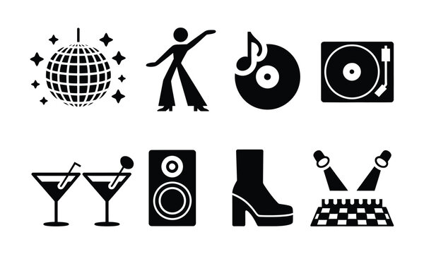 Retro disco party icon set featuring disco ball dancer vinyl record and cocktails in vibrant vintage vector illustration style