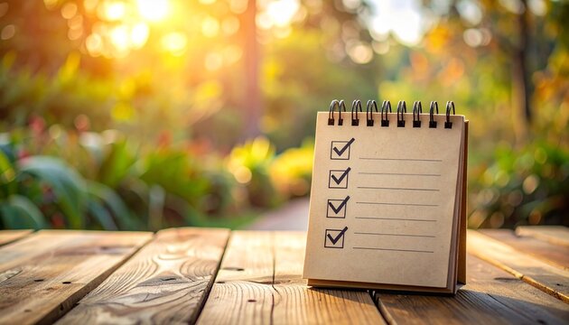 A spiral notepad with checklist on wooden table outdoors in garden during sunrise