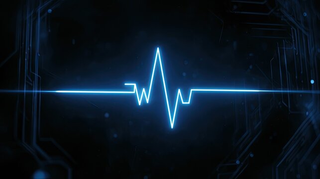 A vibrant blue waveform pulses through a dark, circuit-lined digital landscape