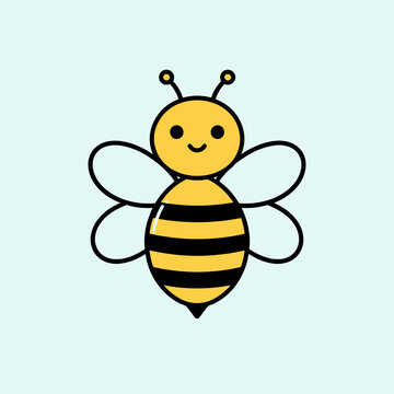 A cute cartoon illustration of a happy bee on a light blue background
