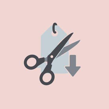 Scissors cutting a price tag with an arrow pointing downwards on a pink
