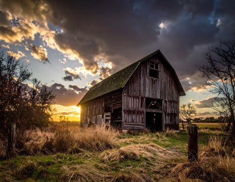 Weathered Wooden Barn Standing in Dry Rural Field at Dramatic Sunset
