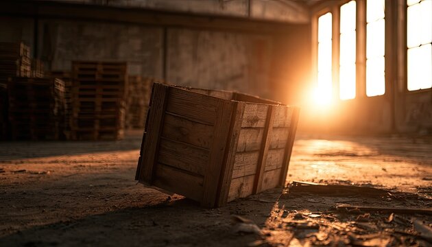 Rustic wooden crate sits in a sun-drenched, empty warehouse with stacked pallets
