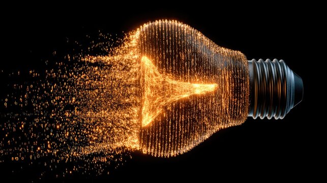 Glowing light bulb disintegrating into a shower of orange particles