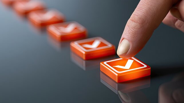 Finger presses an orange square with a white checkmark, signifying completion