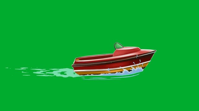 2d animation Motorboat sailing in distant profile view layout with water trail animation on green screen. Small scale red speed powerboat cruise vessel vehicle moving forward on sea surface animation