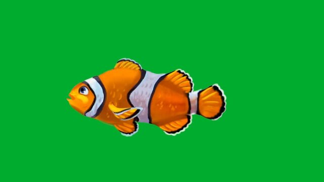 2d animation Clownfish swimming water space in full body side profile layout frame animation on green screen. Beautiful orange striped anemone tropical aquarium sea creature animal portrait animation