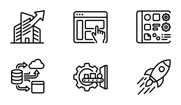 Business Growth Icons: Startup Rocket, Data Flow, UI Design, Building Success, Workflow Automation, App Development