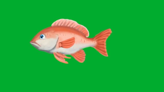 2d animation Red snapper swimming gracefully in full body side profile view animation on green screen. Beautiful pink sea bream trout wildlife marine ocean animal cartoon character portrait animation
