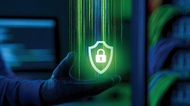Illuminated shield with lock emerges from hand, data streams upward in server room