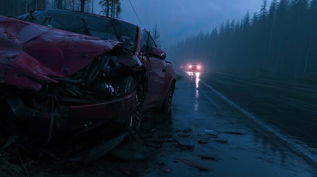 Crushed red vehicle by a wet, foggy road at dusk with distant headlights