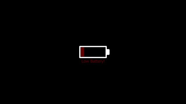 Animation featuring a low battery text icon against a black background, ideal for digital and tech-themed projects.4k video