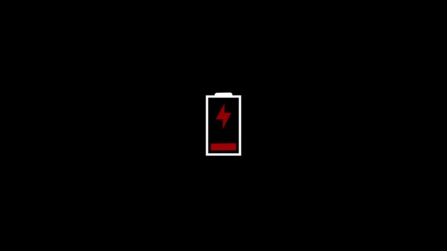 Animation featuring a low battery text icon against a black background, ideal for digital and tech-themed projects.4k video