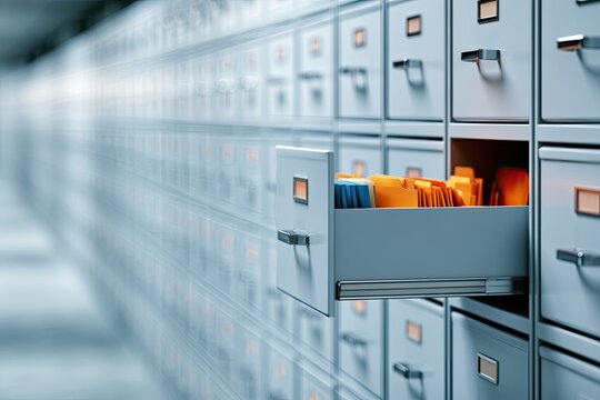 Rows of filing cabinets, one open drawer revealing folders