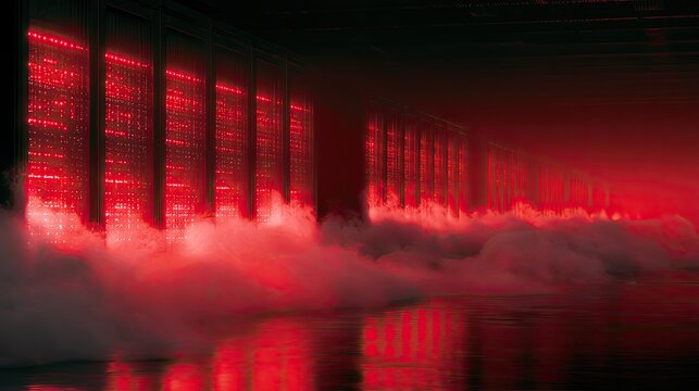 Rows of glowing red server racks emitting mist in dark, reflective space