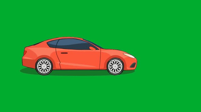 2d animation Red car luxury hatchback vehicle driving fast in full side profile view animation on green screen. Modern auto automobile transport layout on clear background for urban street traffic