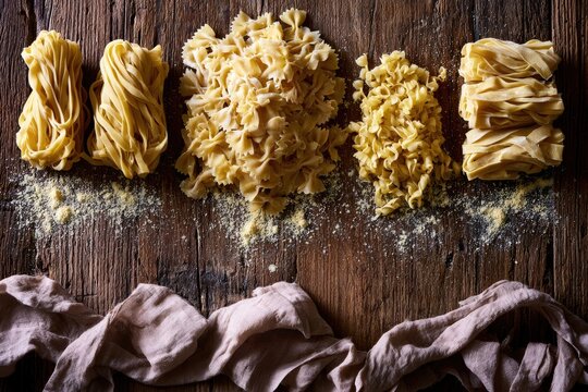 Assortment of dry pasta shapes arranged on rustic wooden surface
