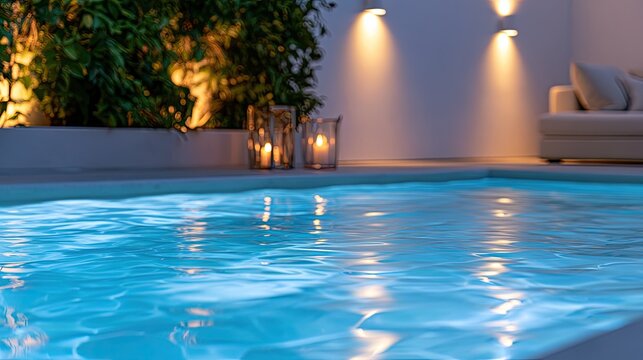 Tranquil evening poolside with warm candlelight and subtle uplighting