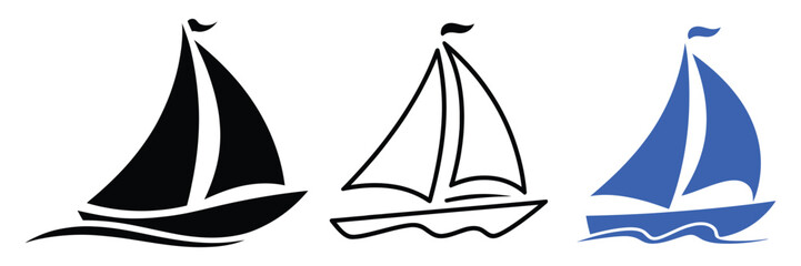 Adobe Sailing boats on calm waters icon set in black white and blue representing sailboat silhouette and nautical travel logo design Artwork © MstMaya