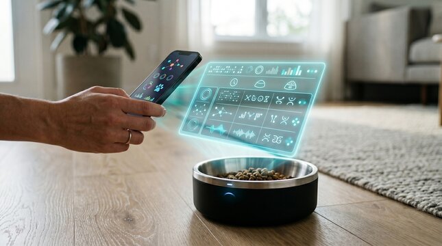 A Hand Using a Phone to Control a Food Dispenser in a Modern Living Room