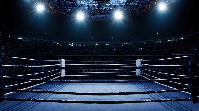 Empty boxing ring under stadium lights, ready for a fight