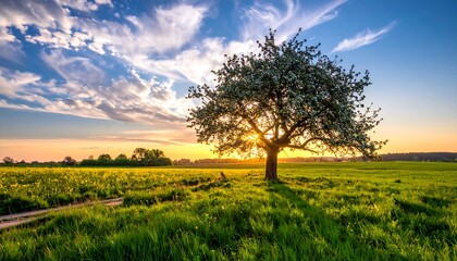 Fototapeta premium Tranquil tree in green field with vibrant sunset and blue sky