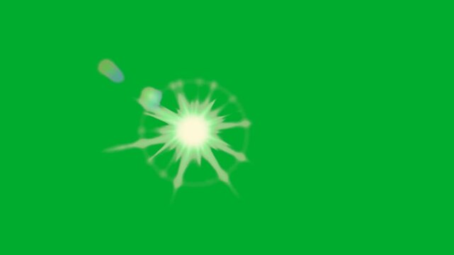 2d animated Bright green flash sunburst flare exploding on animation on green screen. This highquality stock footage asset is perfectly optimized for professional video editors, creative content