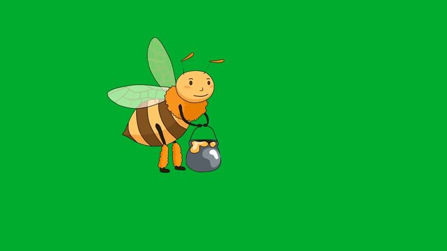2d animated Cute cartoon bumblebee insect flying while holding a pot of organic honey animation on green screen. This high quality asset is perfect for professional video editors, creative content