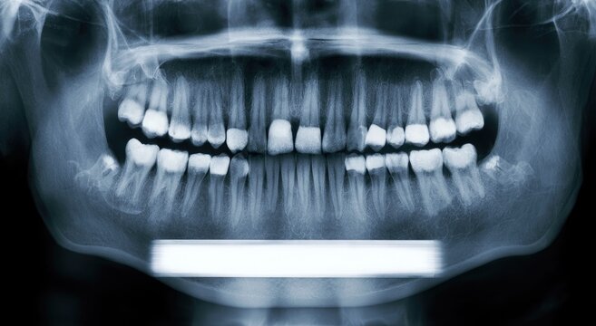 Panoramic dental X-ray showing adult teeth, bone structure, and jaw