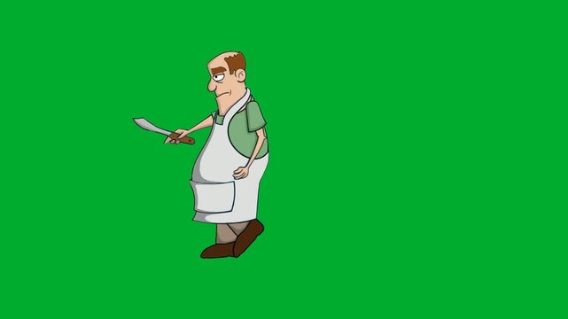 2d animated Cartoon cook chef running fast while holding a silver kitchen knife or cleaver animation on green screen. Perfect stock footage asset choice for professional filmmakers, broadcast media