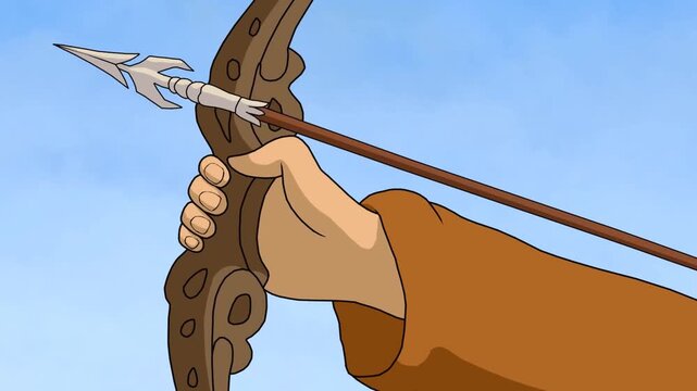 2d animated Close up shot of an archer hand pulling a wooden bow string with a sharp arrow. Outstanding illustrated storytelling asset option for independent filmmakers, digital media producers,