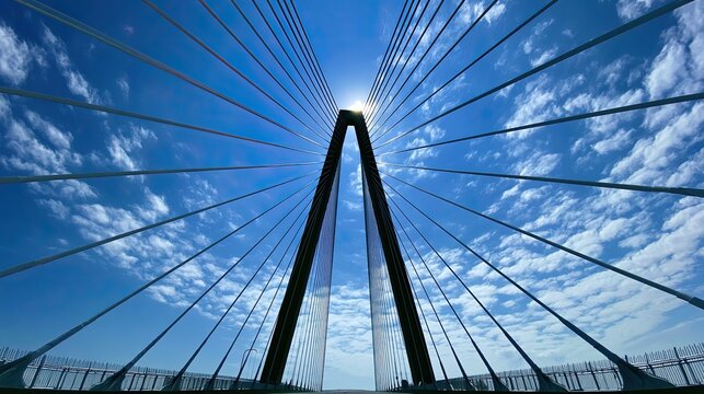 Towering suspension bridge cables converge against a bright blue, cloudy sky