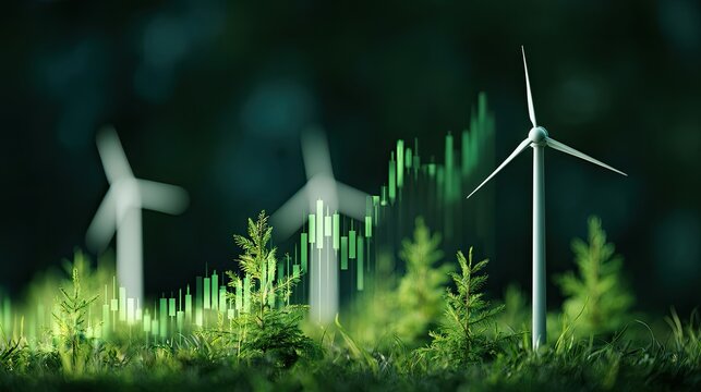 Renewable energy turbines rise amidst lush greenery and financial growth charts