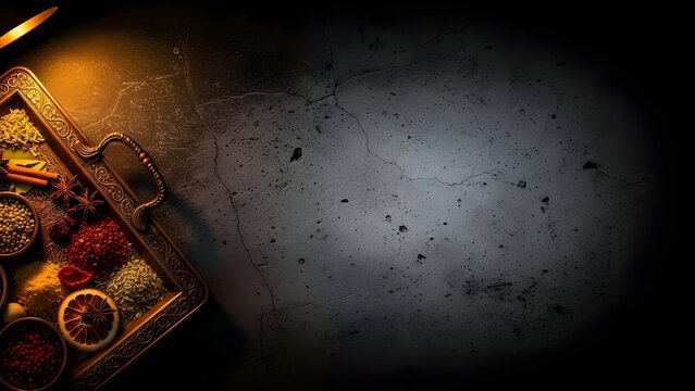 Golden tray filled with vibrant spices and dried fruit on a dark textured background