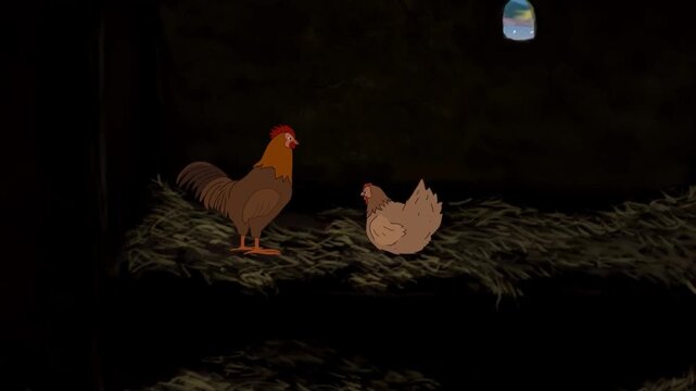 2d animated Farm rooster and a hen nesting together inside a dark rustic wooden stable setting. This premium quality artistic stock video backdrop is perfectly tailored for creative multimedia clips.