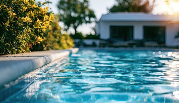 Sunlit blue water laps a pool edge, with a modern home and foliage