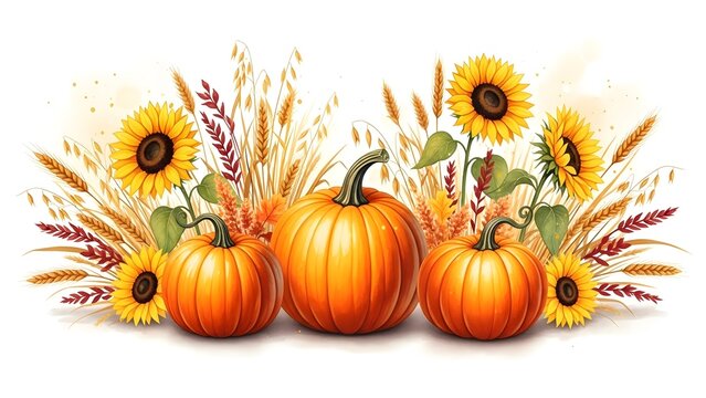 Autumn harvest arrangement with sunflowers pumpkins and wheat on a white background
