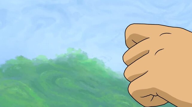 2d animated Close up shot of an archer hand pulling a wooden bow string with a feathered arrow. This masterfully handdrawn cartoon scenery asset is perfectly suited for creative postproduction