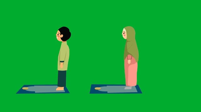 2d animated Children praying namaz together while standing on separate islamic rugs mats animation on green screen. Young boy and girl cartoon characters performing traditional muslim prayer gesture