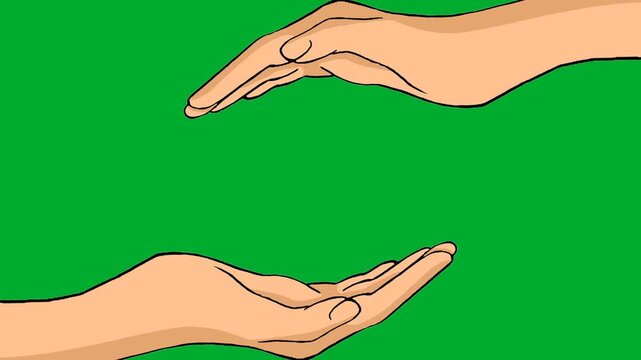 2d animated Hands cupping layout setup against a clear background frame animation on green screen. Open human palms protecting invisible or abstract object representing care, support, charity