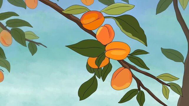 2d animated Human hand reaching to pick ripe orange apricots from a fruit tree branch in summer. An exceptional premium backdrop option for digital compositors, expert video editors, freelance film.