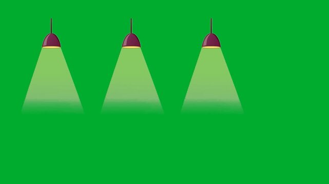 2d animated Pendant lamps illumination casting downward bright spotlights stream fx animation on green screen. Three classic electric ceiling light lanterns lamps overlay pattern abstract vector